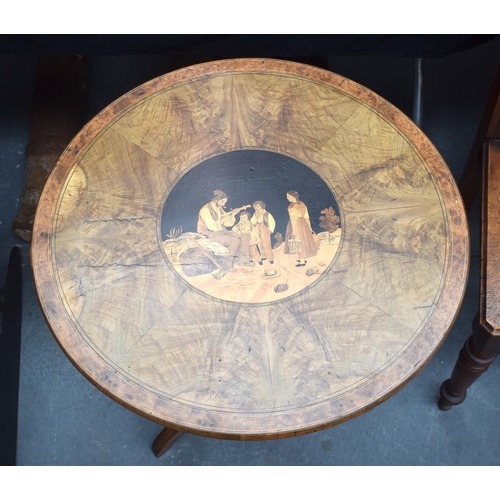 230 - A 19TH CENTURY ITALIAN SORRENTOWARE WALNUT TABLE with fruitwood banding. 59 cm x 62 cm.