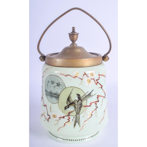 27 - A RARE ANTIQUE AESTHETIC MOVEMENT PAINTED GLASS BISCUIT BARREL enamelled with birds. 23 cm high inc ... 