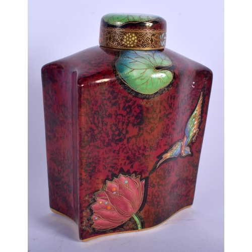 52 - A RARE ART DECO CARLTONWARE ROUGE ROYALE TEA CADDY AND COVER enamelled with birds. 10.5 cm x 14 cm.
