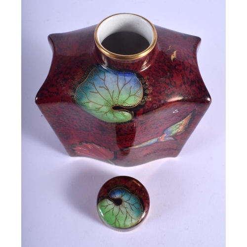 52 - A RARE ART DECO CARLTONWARE ROUGE ROYALE TEA CADDY AND COVER enamelled with birds. 10.5 cm x 14 cm.