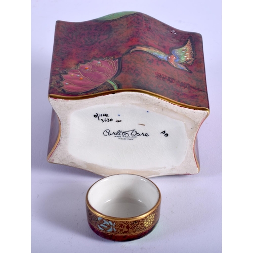 52 - A RARE ART DECO CARLTONWARE ROUGE ROYALE TEA CADDY AND COVER enamelled with birds. 10.5 cm x 14 cm.