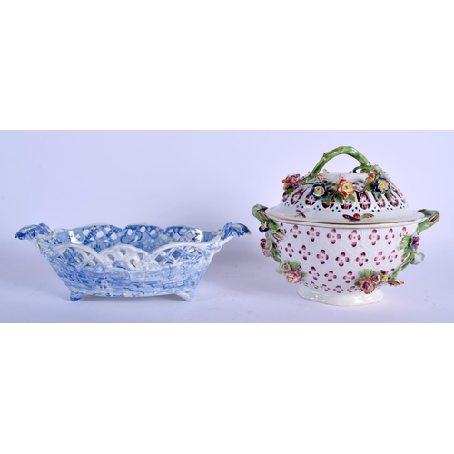 79 - AN 18TH CENTURY CHELSEA DERBY TWIN HANDLED TUREEN AND COVER together with a spode basket. Largest 23... 