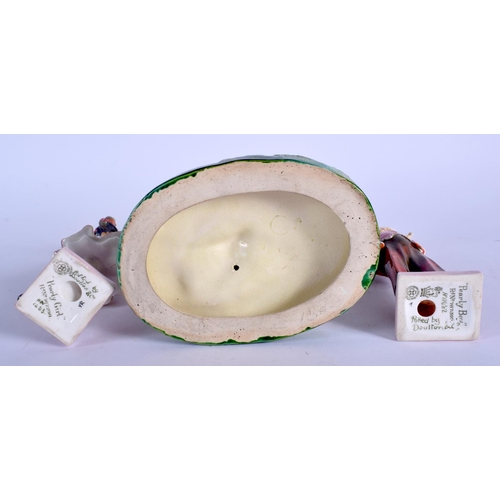 88 - A 19TH CENTURY MINTON POTTERY GOAT SPILL VASE together with a pair of doulton figures. (3)