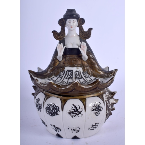 90 - A RARE EARLY 20TH CENTURY FRENCH PORCELAIN DRESSING TABLE JAR AND COVER Japanese style. 16 cm x 9 cm... 