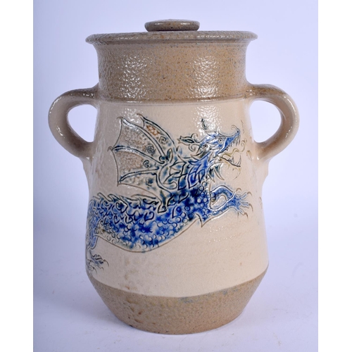 91 - MICHAEL AND JOANNE MOSSE FOR LLANBRYNMAIR POTTERY, A SALT-GLAZED STONEWARE  JAR AND COVER  20 cm hig... 