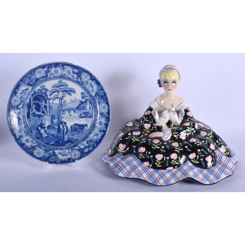 92 - A 19TH CENTURY ENGLISH STAFFORDSHIRE PLATE together with a large Italian Lenci figure. Largest 30 cm... 