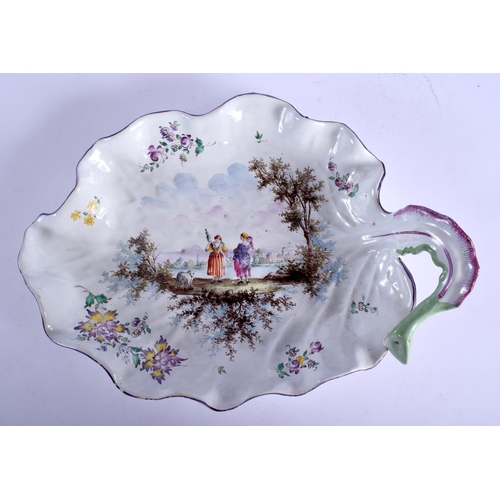 97 - AN 18TH/19TH CENTURY CONTINENTAL PORCELAIN LEAF SHAPED DISH possibly Lille, painted with figures. 25... 