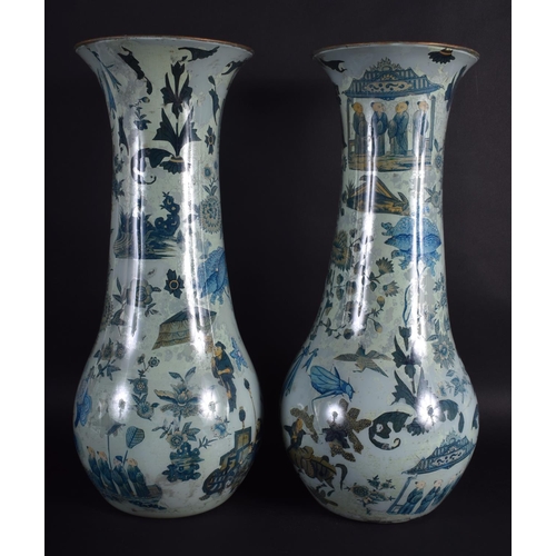 3 - A PAIR OF ANTIQUE ITALIAN ARTE POVERA DECLAMANIA GLASS VASES decorated with chinoiserie scenes. 47 c... 