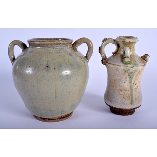 1010 - A CHINESE MING DYNASTY JUNYAO STYLE TWIN HANDLED VESSEL together with a green glazed ewer. 17 cm hig... 