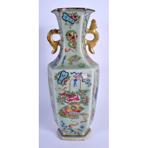 1013 - A 19TH CENTURY CHINESE CANTON CELADON FAMILLE ROSE VASE Qing, painted with low tables and foliage. 3... 