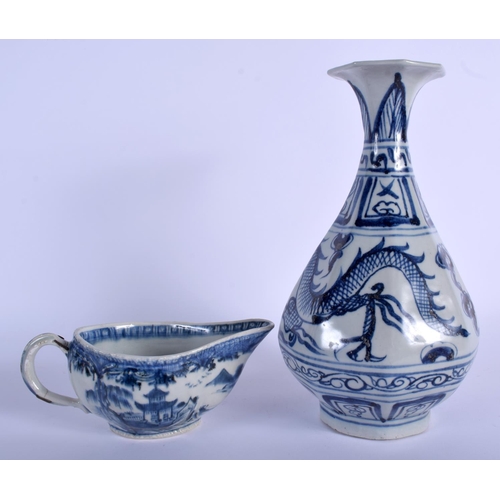 1024 - A CHINESE BLUE AND WHITE OCTAGONAL VASE 20th Century, and a sauceboat. Largest 28 cm high. (2)