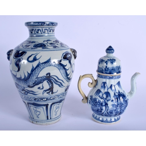 1030 - A CHINESE BLUE AND WHITE DRAGON VASE 20th Century, and a jug & cover. Largest 25 cm high. (2)