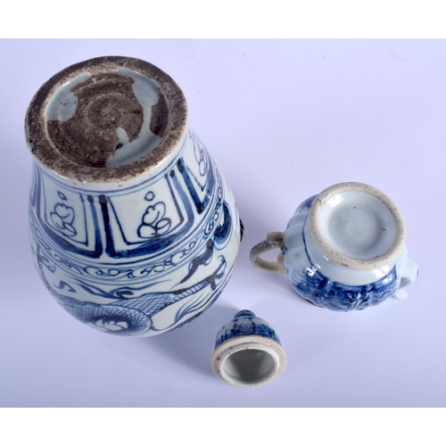 1030 - A CHINESE BLUE AND WHITE DRAGON VASE 20th Century, and a jug & cover. Largest 25 cm high. (2)