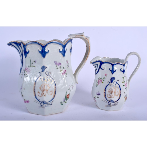 1033 - TWO RARE LARGE 18TH CENTURY CHINESE EXPORT FAMILLE ROSE JUGS Qianlong. Largest 19 cm x 19 cm.