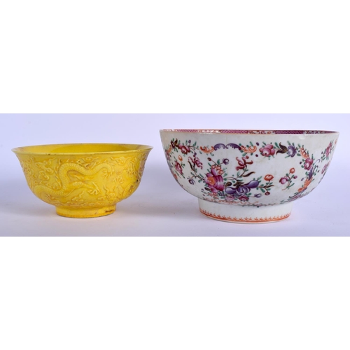 1034 - AN 18TH CENTURY CHINESE EXPORT FAMILLE ROSE BOWL Qianlong, together with a bowl. Largest 19 cm diame... 