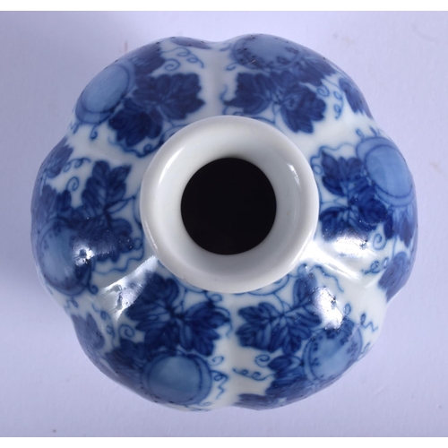 1039 - A LOVELY 19TH CENTURY CHINESE BLUE AND WHITE PORCELAIN VASE bearing Qianlong marks to base, of melon... 