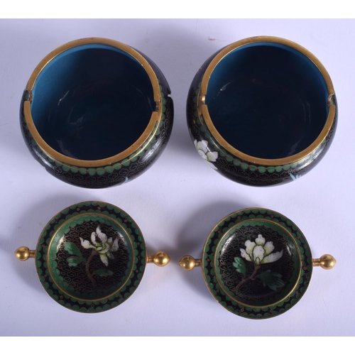 1047 - A PAIR OF 1950S CHINESE CLOISONNÉ ENAMEL ASHTRAYS decorated with birds. 8.5 cm wide.