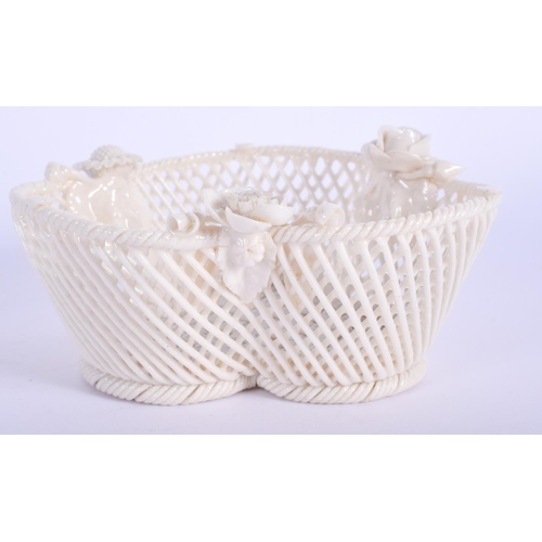 105 - AN ANTIQUE IRISH BELEEK PORCELAIN LATTICE WORK BASKET. 12.5 cm wide.