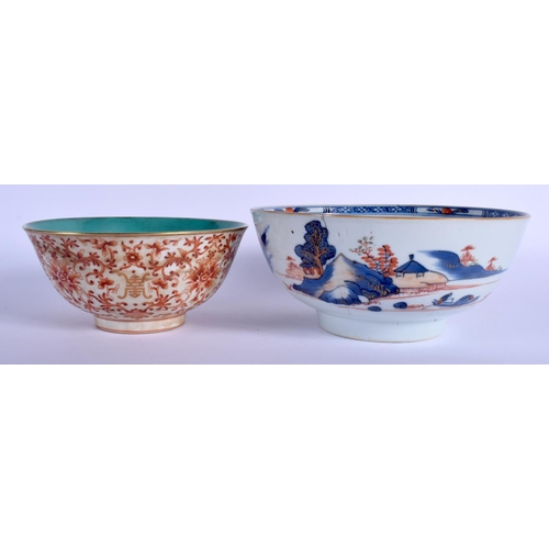 1053 - A CHINESE IRON RED PORCELAIN BOWL 20th Century, together with another imari bowl. Largest 21 cm diam... 