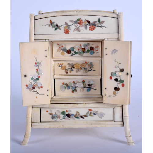 1063 - A 19TH CENTURY JAPANESE MEIJI PERIOD CARVED IVORY KODANSU CABINET decorated with shibayama inlaid do... 