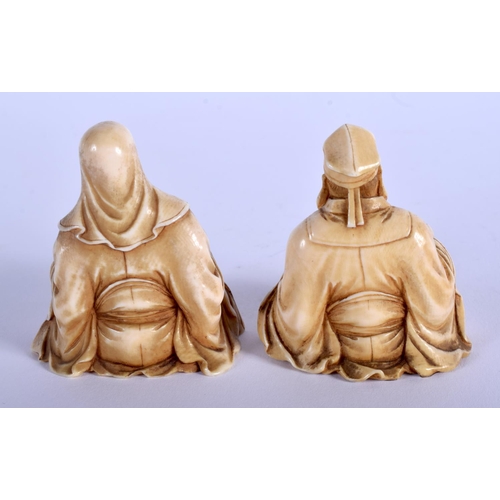 1064 - A PAIR OF 19TH CENTURY JAPANESE MEIJI PERIOD CARVED IVORY OKIMONO modelled as seated male scholars. ... 