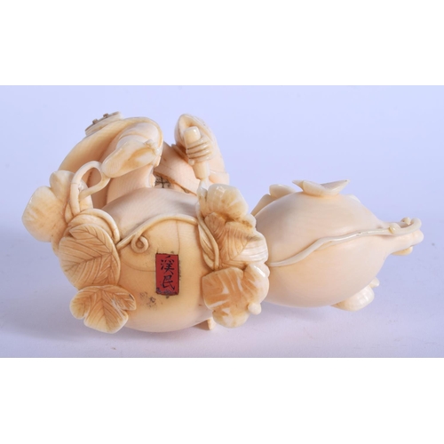 1080 - A 19TH CENTURY JAPANESE MEIJI PERIOD CARVED IVORY OKIMONO modelled seated upon a vegetable. 10 cm x ... 