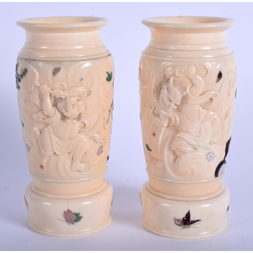 1082 - A FINE PAIR OF 19TH CENTURY JAPANESE MEIJI PERIOD CARVED IVORY VASES shibayama inlaid with insects a... 