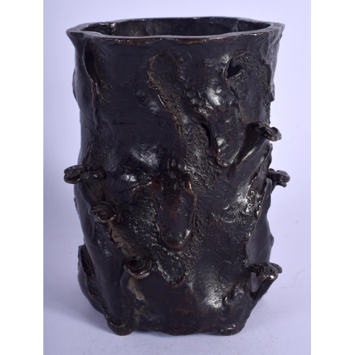 1083 - A 19TH CENTURY JAPANESE MEIJI PERIOD BRONZE BRUSH POT decorated with rising lingzhi fungus 12.5 cm x... 