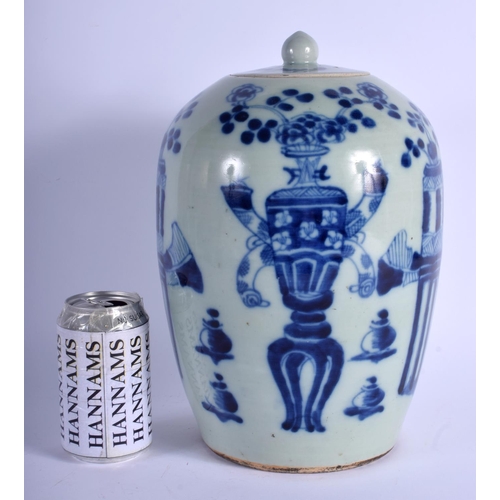 1089 - A LARGE 19TH CENTURY CHINESE BLUE AND WHITE CELADON VASE AND COVER Qing, painted with urns and flowe... 