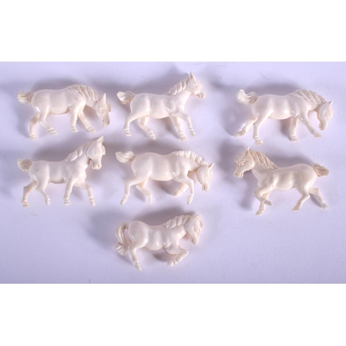 1095 - A SET OF SEVEN EARLY 20TH CENTURY CHINESE CARVED IVORY HORSES Late Qing/Republic. 6 cm x 2 cm. (7)