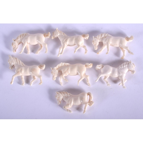 1095 - A SET OF SEVEN EARLY 20TH CENTURY CHINESE CARVED IVORY HORSES Late Qing/Republic. 6 cm x 2 cm. (7)