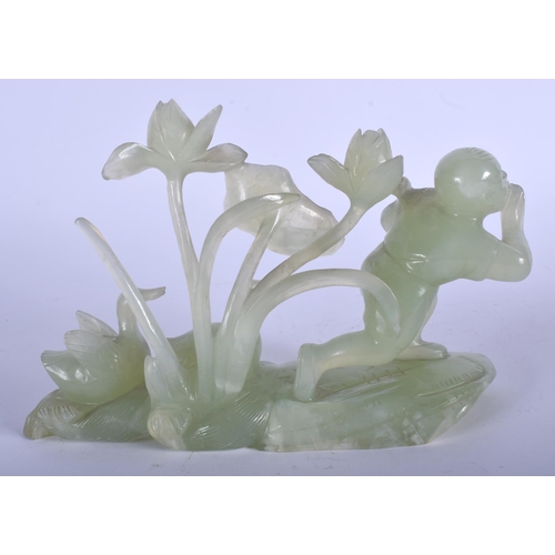 1105 - AN UNUSUAL EARLY 20TH CENTURY CHINESE GREEN JADE FIGURE OF A BOY modelled beside two ducks. 20 cm x ... 