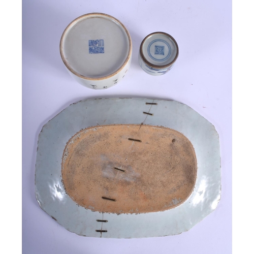 1109 - TWO CHINESE BRUSH WASHERS 20th Century, together with a platter. Largest 30 cm x 21 cm. (3)