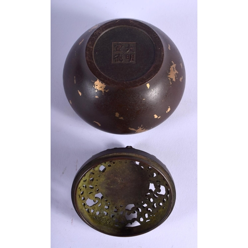 1118 - A CHINESE GOLD SPLASH BRONZE CENSER AND COVER 20th Century, with Buddhistic lion finial. 11 cm x 8 c... 