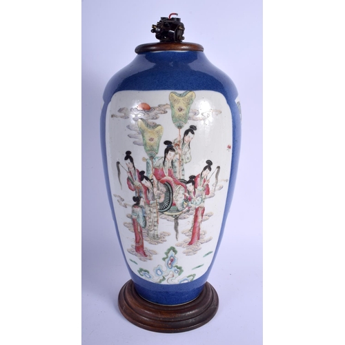 1135 - A 19TH CENTURY CHINESE POWDER BLUE GROUND PORCELAIN VASE Kangxi style, converted to a lamp. Vase 37 ... 