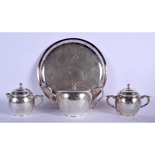 1137 - AN UNUSUAL EARLY 20TH CENTURY CHINESE PEWTER KUT HING TEASET ON TRAY decorated with dragons. Tray 24... 