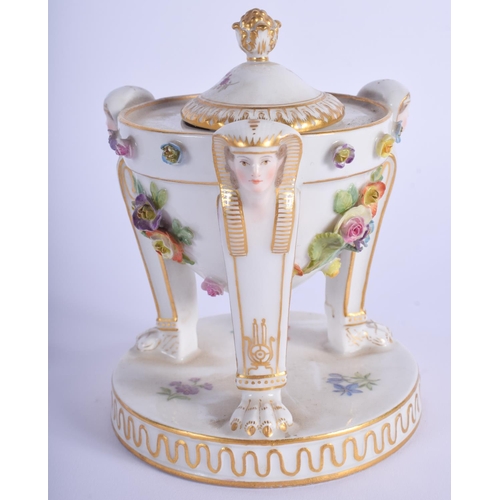 114 - A 19TH MEISSEN PORCELAIN INKWELL AND COVER painted with flowers, formed with Egyptian revival mounts... 