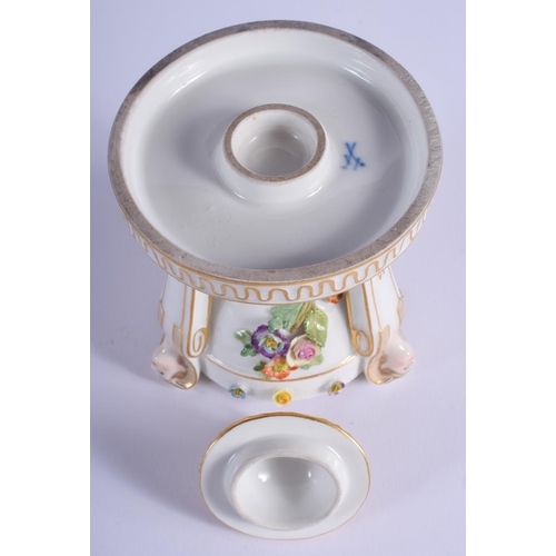 114 - A 19TH MEISSEN PORCELAIN INKWELL AND COVER painted with flowers, formed with Egyptian revival mounts... 