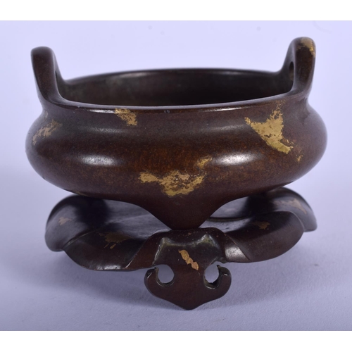 1145 - A CHINESE GOLD SPLASH BRONZE CENSER ON STAND 20th Century. 5 cm wide, internal width 4.5 cm.