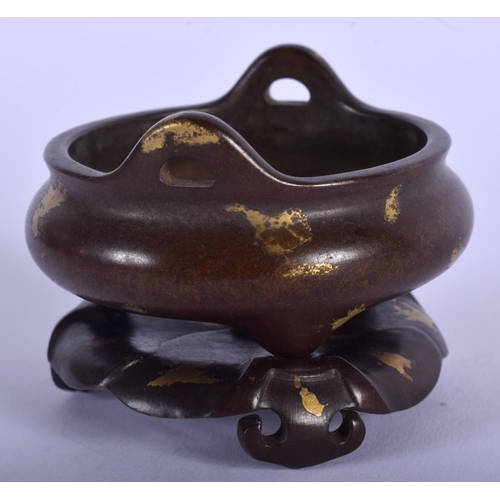 1145 - A CHINESE GOLD SPLASH BRONZE CENSER ON STAND 20th Century. 5 cm wide, internal width 4.5 cm.