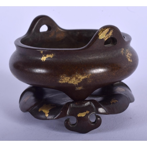 1145 - A CHINESE GOLD SPLASH BRONZE CENSER ON STAND 20th Century. 5 cm wide, internal width 4.5 cm.