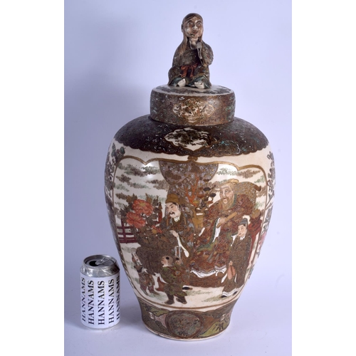 1149 - A VERY LARGE 19TH CENTURY JAPANESE MEIJI PERIOD SATSUMA VASE AND COVER with figural terminal, painte... 