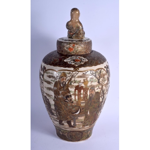 1149 - A VERY LARGE 19TH CENTURY JAPANESE MEIJI PERIOD SATSUMA VASE AND COVER with figural terminal, painte... 