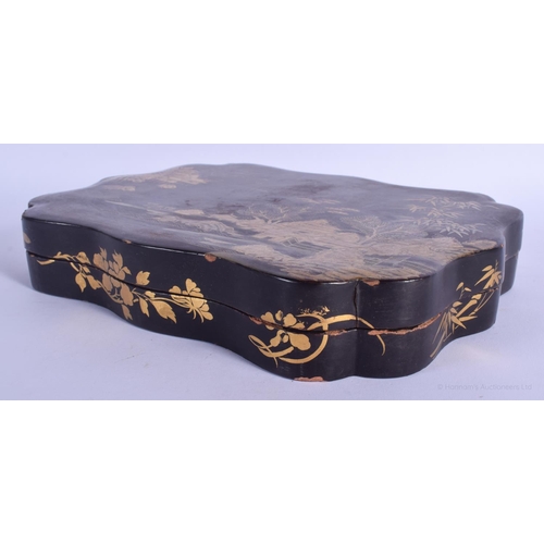 1156 - A 19TH CENTURY CHINESE BLACK LACQUER GAMING BOX AND COVER Qing, containing mother of pearl gaming co... 