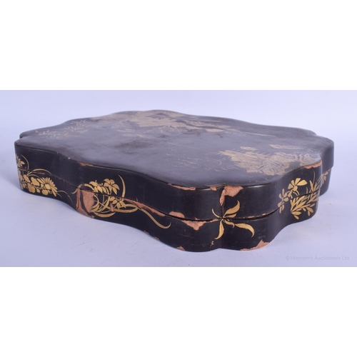 1156 - A 19TH CENTURY CHINESE BLACK LACQUER GAMING BOX AND COVER Qing, containing mother of pearl gaming co... 