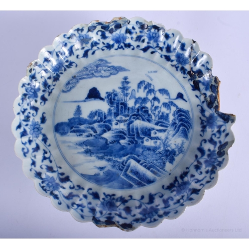 1158 - A VERY RARE 18TH CENTURY CHINESE BLUE AND WHITE SCALLOPED DISH Qianlong, with unusual footed form, t... 