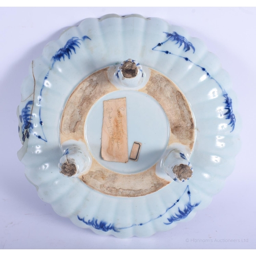 1158 - A VERY RARE 18TH CENTURY CHINESE BLUE AND WHITE SCALLOPED DISH Qianlong, with unusual footed form, t... 