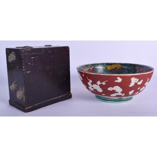 1169 - A 19TH CENTURY JAPANESE MEIJI PERIOD AO KUTANI BOWL together with a Meiji period miniature cupboard.... 