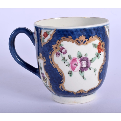 120 - 18th c. Worcester coffee cup and saucer painted with flowers in a gilt mirror shaped panel on a blue... 