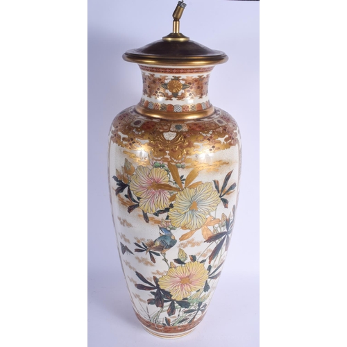 1218 - A VERY LARGE 19TH CENTURY JAPANESE MEIJI PERIOD SATSUMA VASE converted to a lamp, painted with birds... 